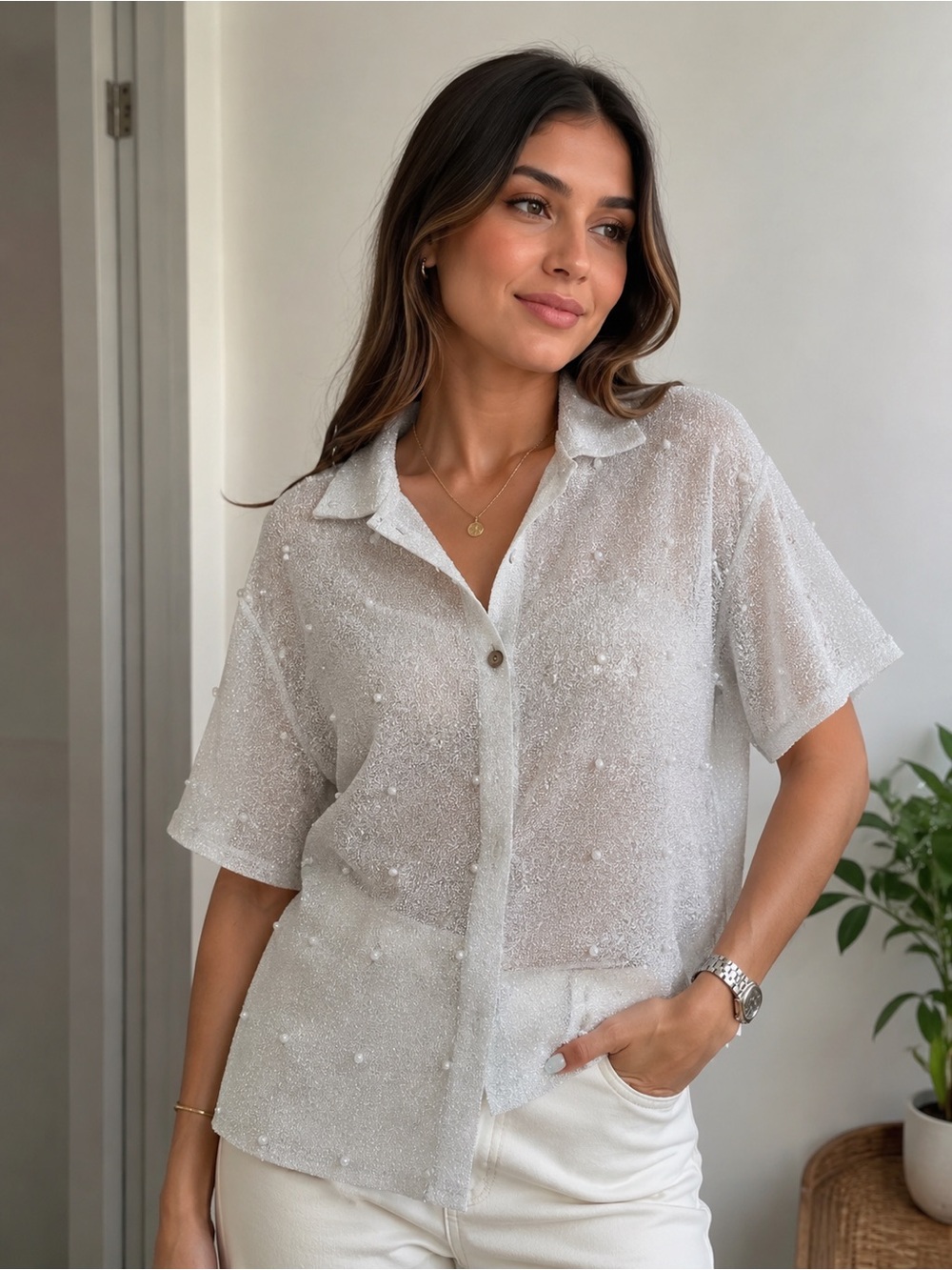 Zara Sheer White Short-Sleeve Button-Front Shirt with Dot Texture and Pearls